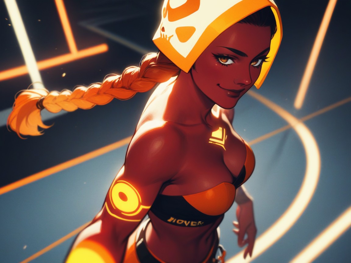 Saturated Colors, Copper Red Skin, Orange Neon Light Trail AI Porn