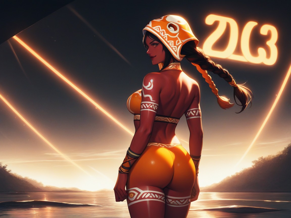 Orange Race Car In Background, Woman Leaning Against Race Car, Black Braided Ponytail AI Porn