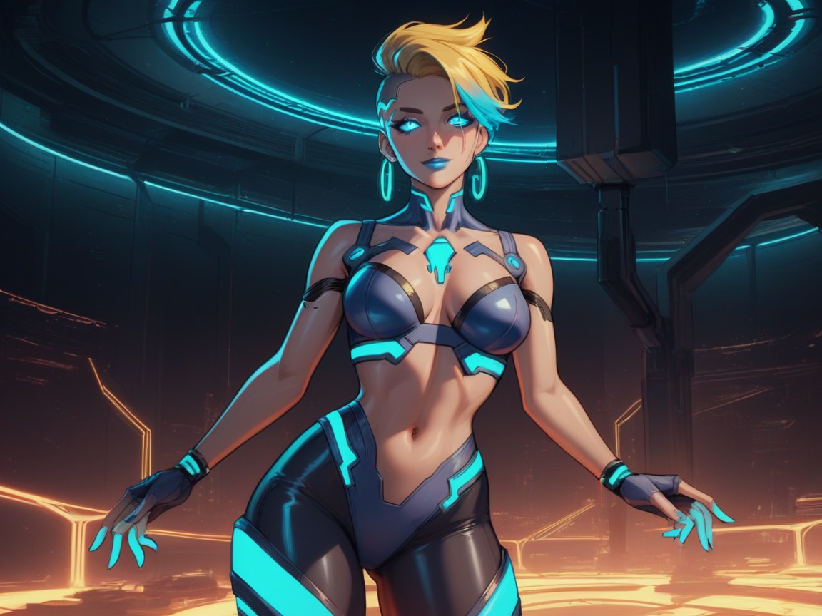 Bright Blue Lights, Pale Skin, Sloped Shoulders Latina AI Porn
