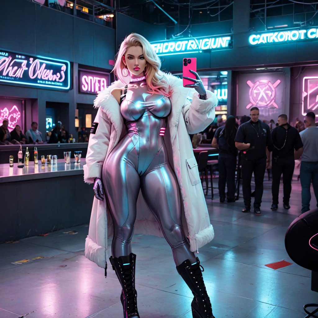 Form-fitting Chrome Latex Bodysuit, High-platform Boots, Pinks AI Porn