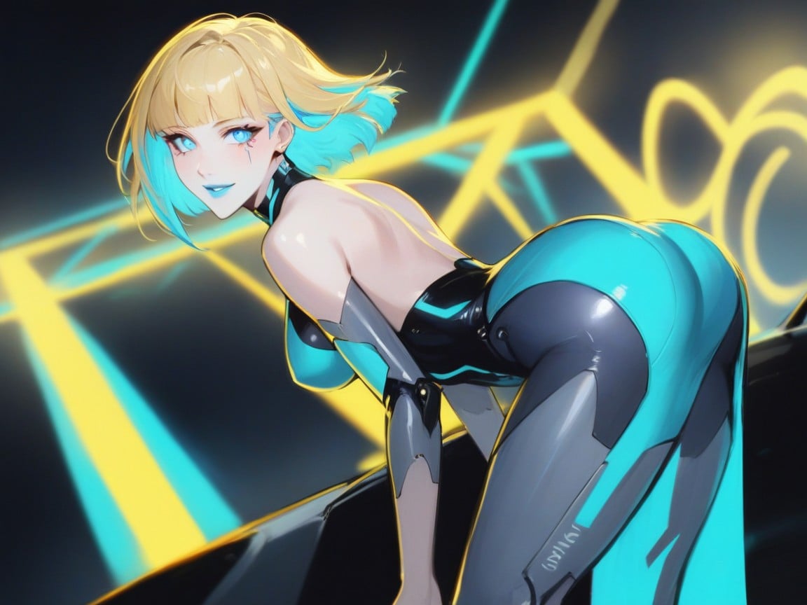 Blue Hair Highlights, Rounded High Breasts, Blue Neon Light Trail Porno IA