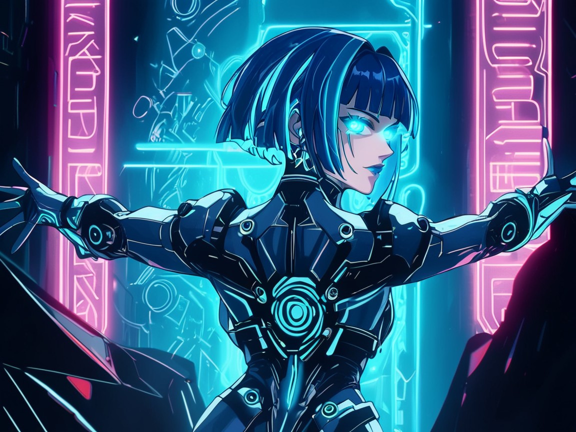 Plasma Trails, Woman Leaning Against Car, Bright Blue Lights Hentai AI Porn