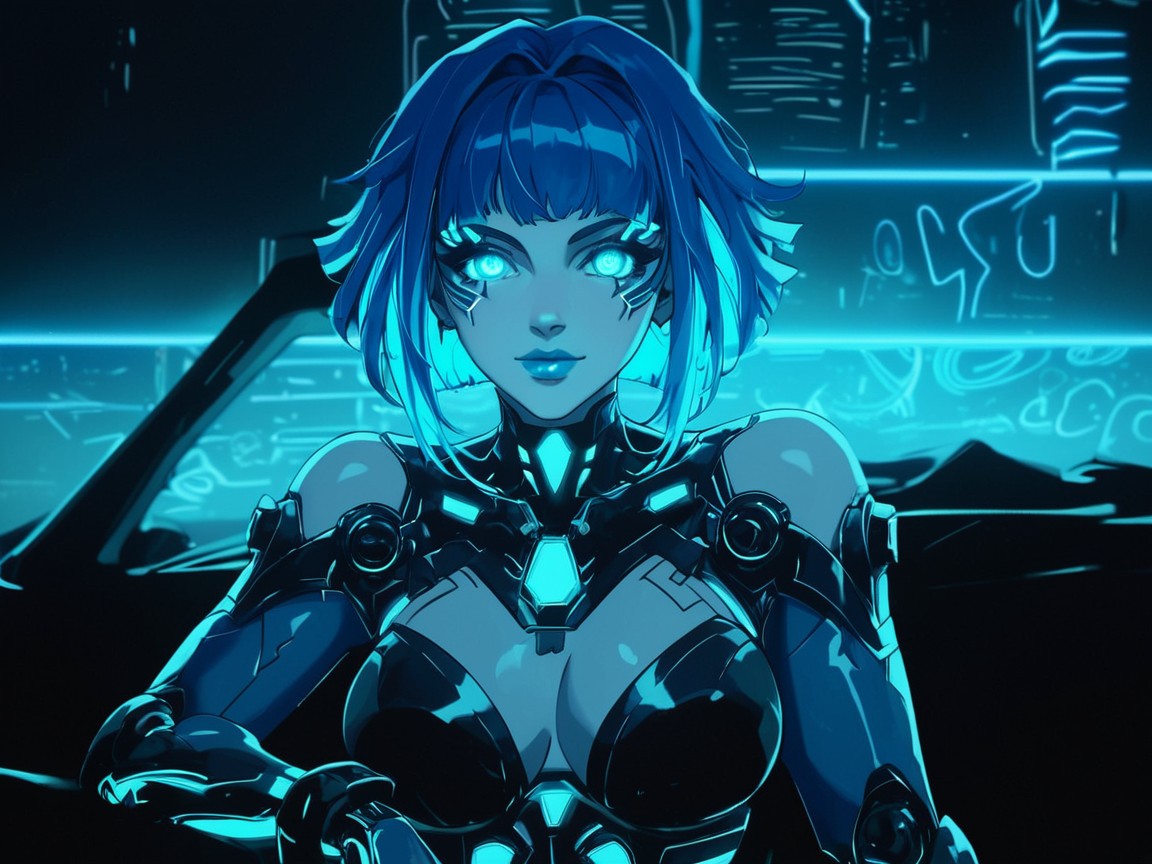 Blue Race Police Car In Background, Neon Lighting, Cyberpunk Background Hentai AI Porn