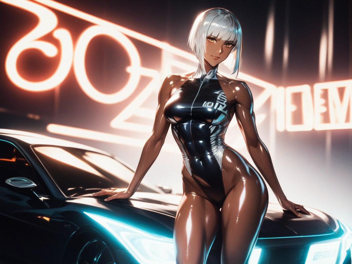 Strong Legs, Woman Leaning Against Car, Silver Led Tiger Helmet On Porno IA