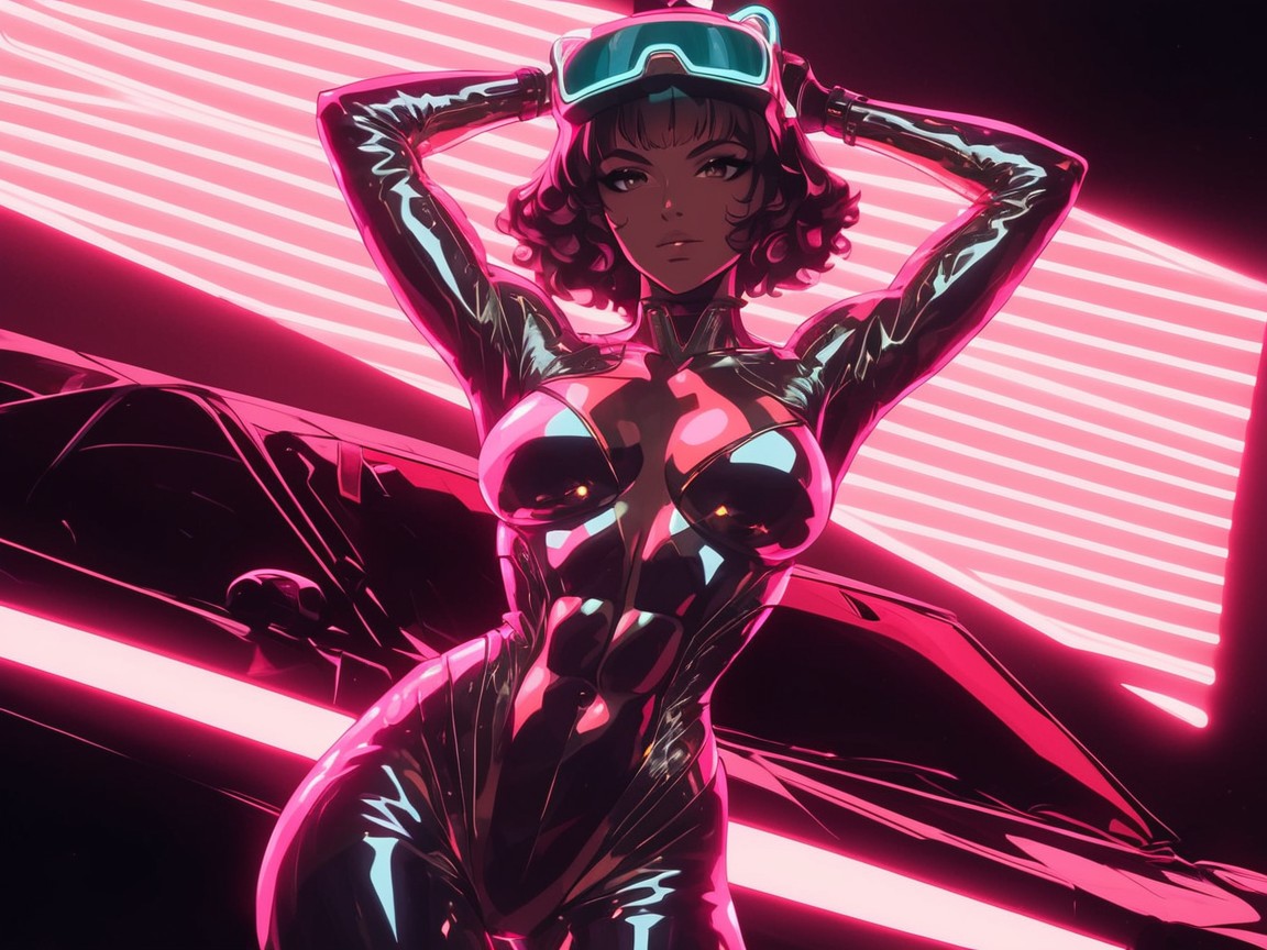 Oiled Skin, Woman Leaning Against Car, Squared Abdomen Hentai AI Porn