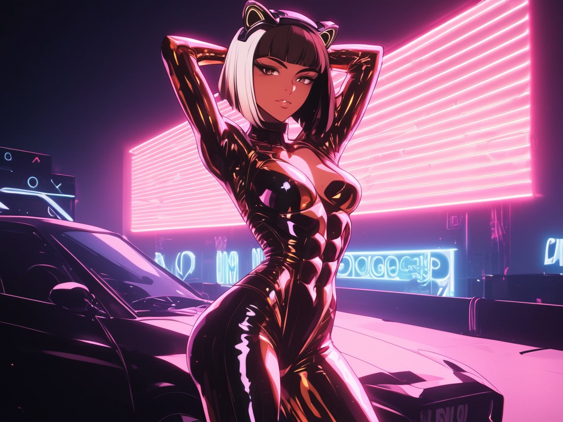 High Color Contrast, Dyed Silver Bobcut Hair, Oiled Skin Hentai AI Porn