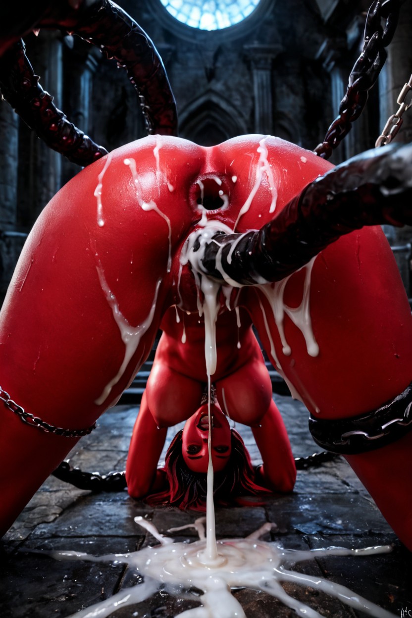 Barbed Black Tentacle Double Pussy Penetration, Orgasm, Excessive Cum On Pussy AI Porn