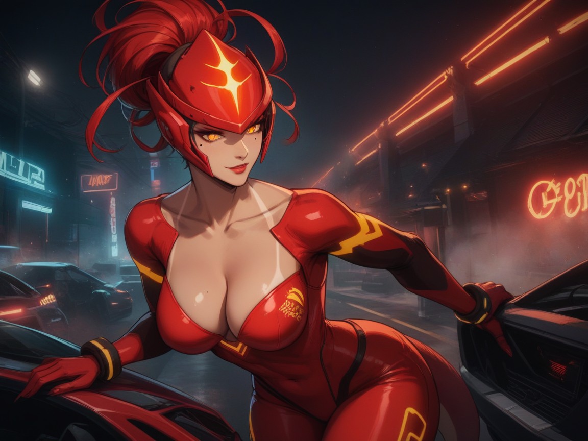 1 Personne, Bright Red Lights, Dragon Decals On Car Porno IA Latina