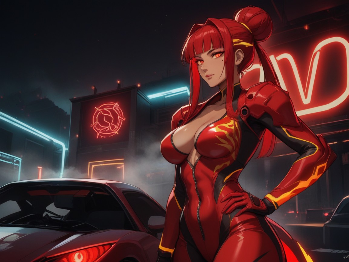 Shiny Skin, Neon Red Fog, Red Neon Light Trail ラティーナAIエロ