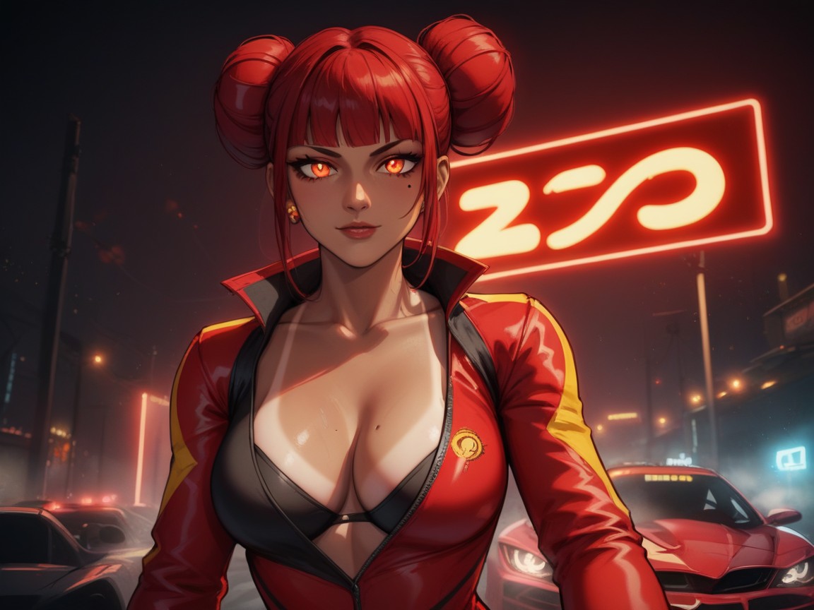 Wearing A Red Snake Print Racing Suit, One Woman, Wide Chest 拉丁AI成人