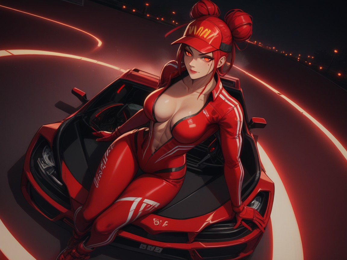 18+, Volumetric Lighting, Wearing A Red Snake Print Racing Suit 라틴 AI 야짤
