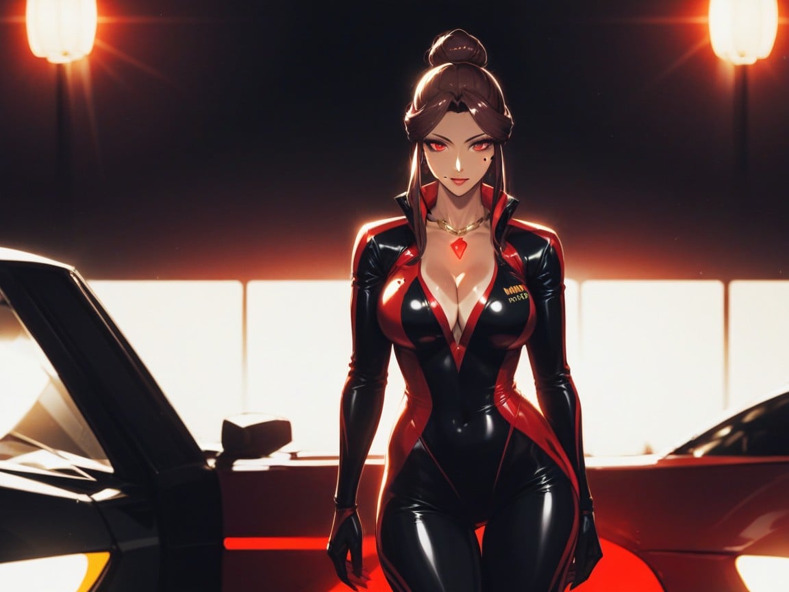 Tan Lines, Wearing A Red Snake Print Racing Suit, Compact Hip Length Chest Wider Than Hips AI Porn