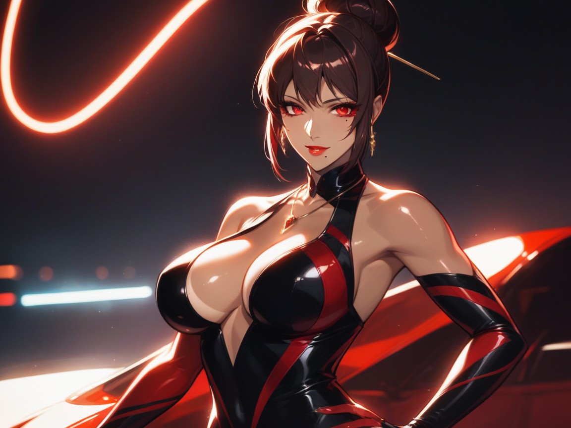 Car Ultra Detailed, On Stage Background, Wearing A Red Snake Print Racing Suit AI Porn
