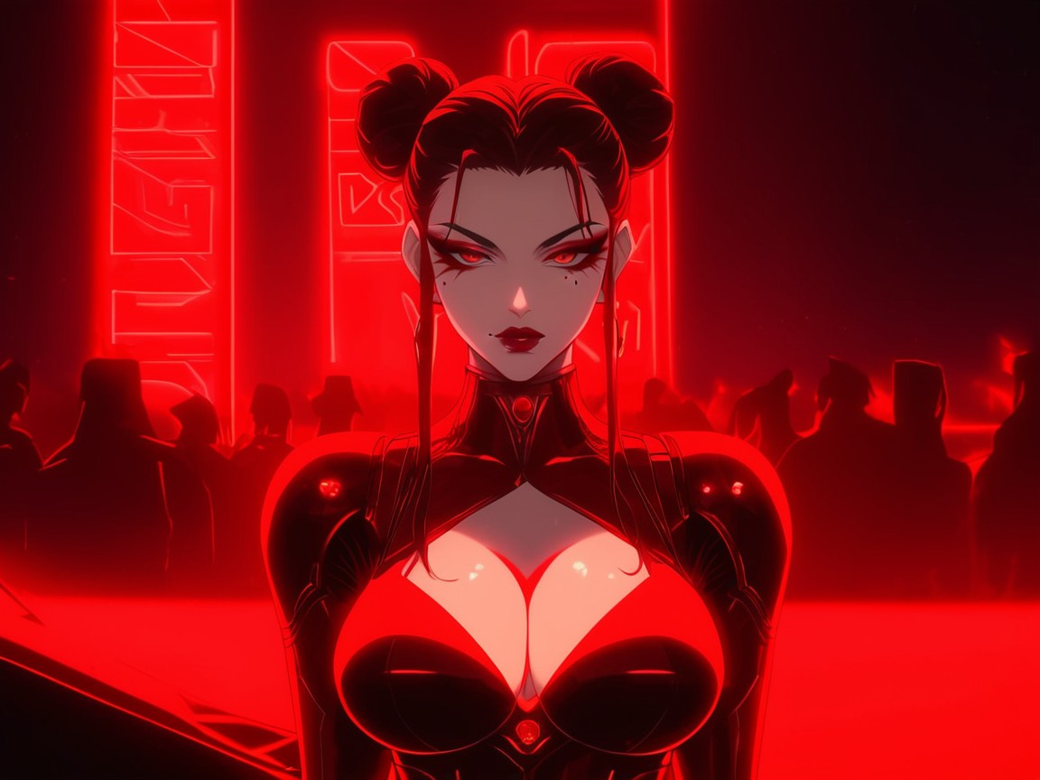 High Color Contrast, Red Under Glow Neon Lights, Hair Bun Hentai AI Porn