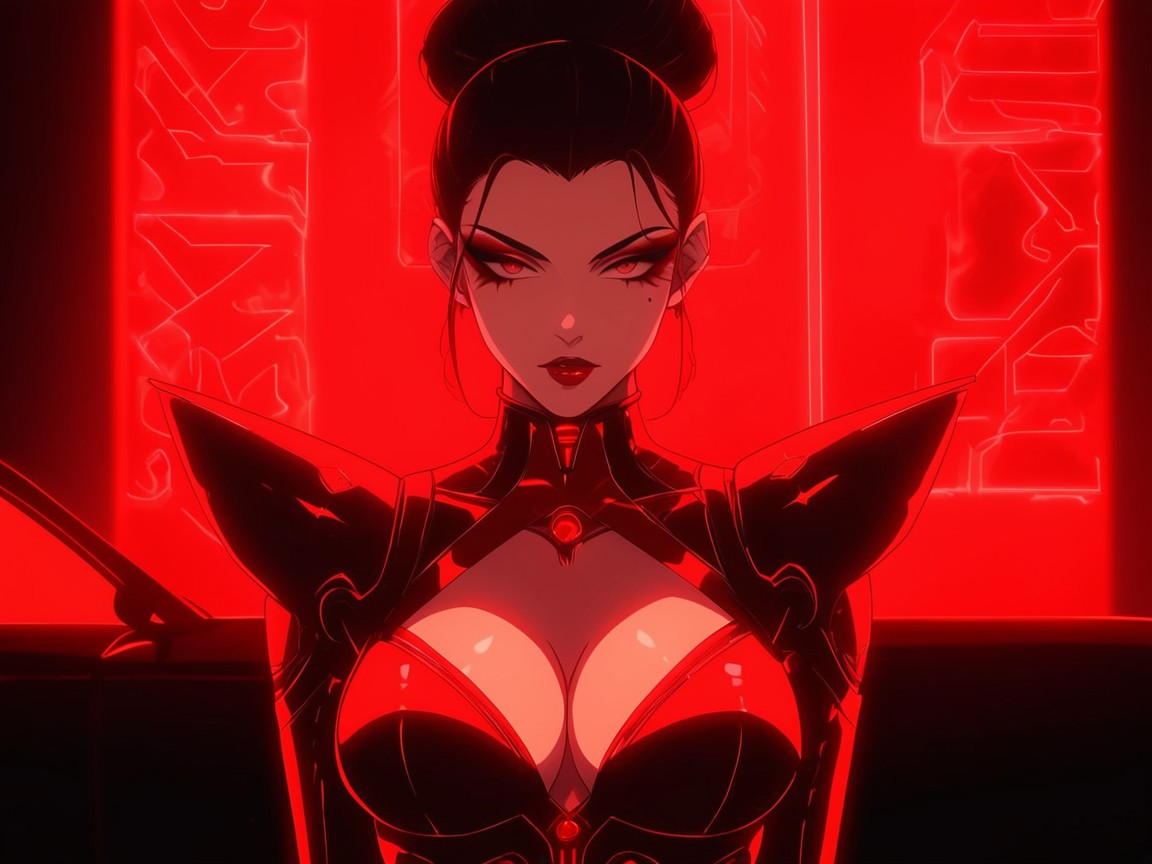 One Woman, Cleavage, Bright Red Lights Hentai AI Porn