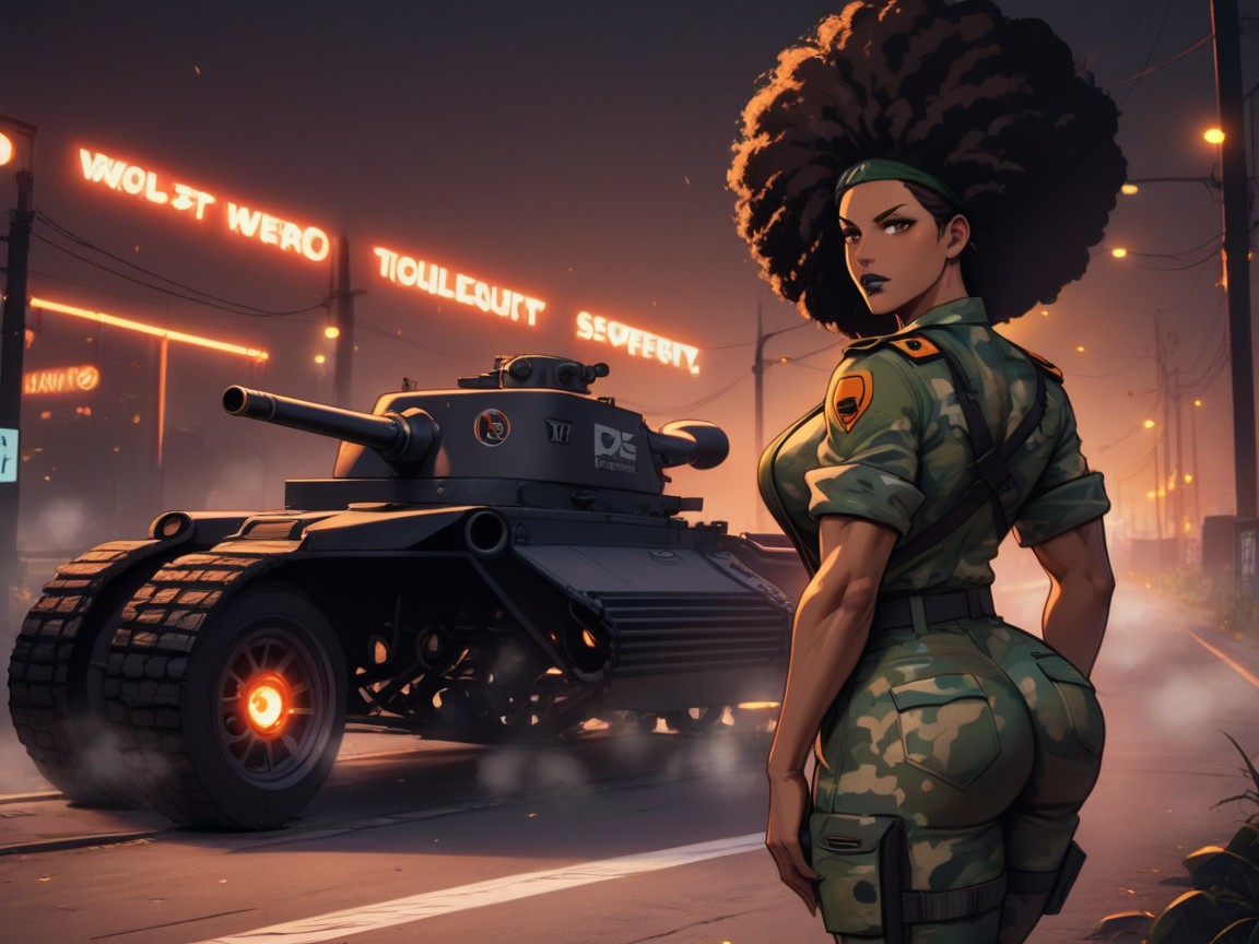 Long Shoulder Width, Village Road Background, Serious Face Latina AI Porn