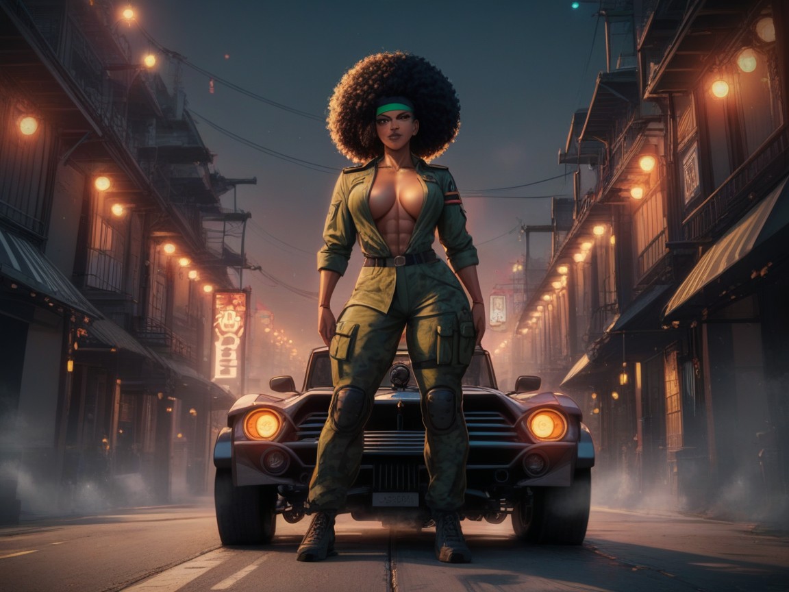 Strong Arms, Massive Firm Breasts, Under Glow Neon Lights ラティーナAIエロ