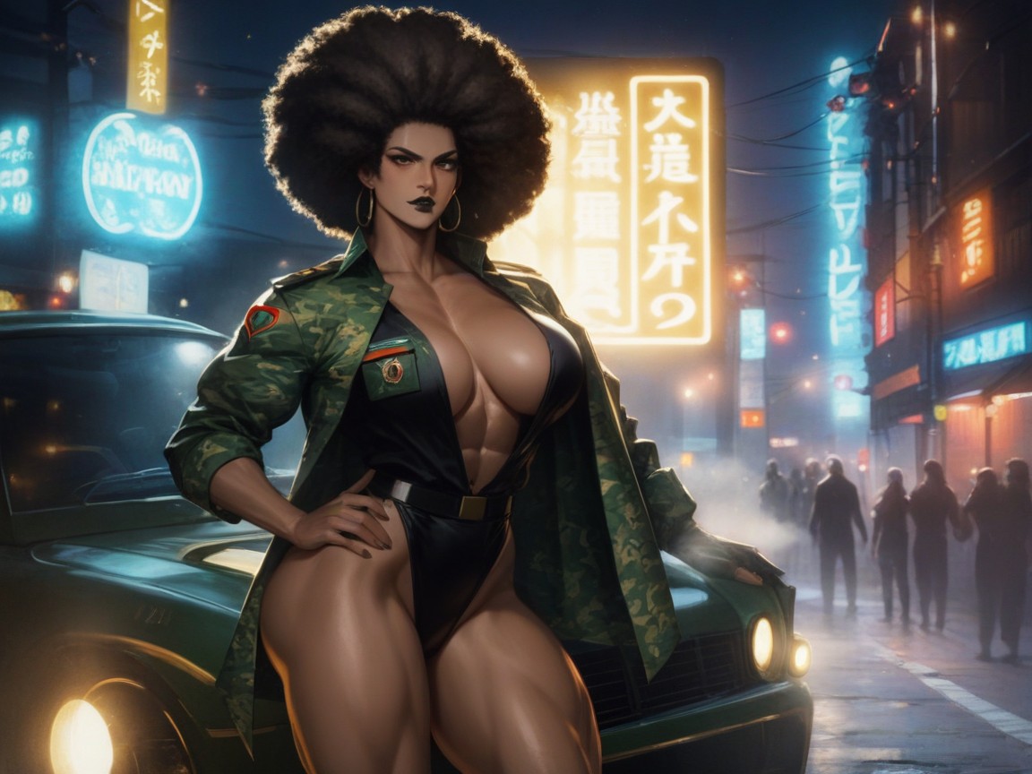 Street Racer, Wide Chest, Woman Leaning Against Car AI Porn