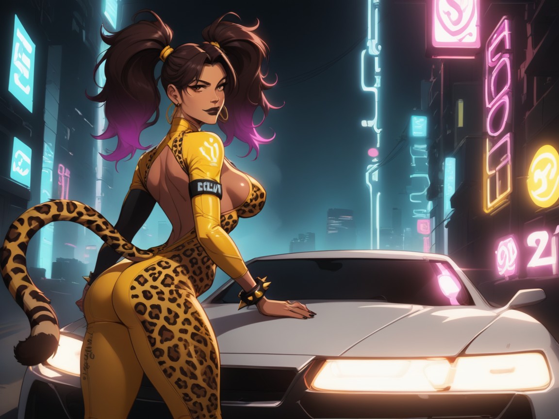 Saturated Colors, Street Racer, Woman Leaning Against Car Latina AI Porn