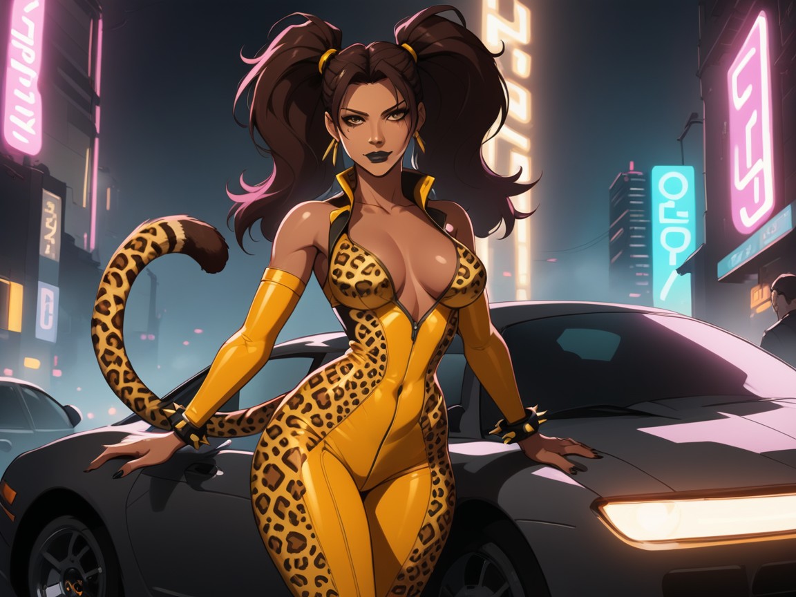Woman Leaning Against Car, 어둑한 조명, Vibrant Colors 라틴 AI 야짤