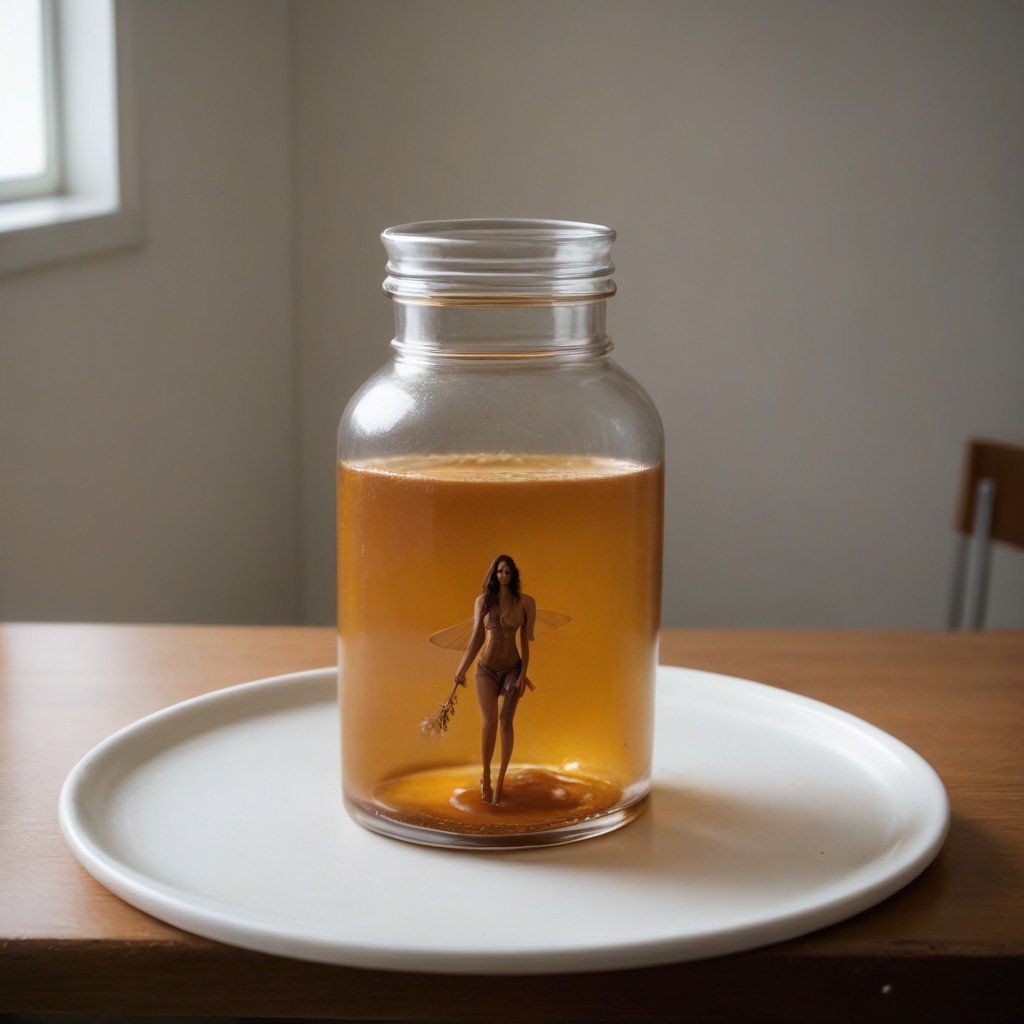 18+, Fairy Floating In Jar Of Honey, Jar Sitting On Table쉬메일 AI 포르노