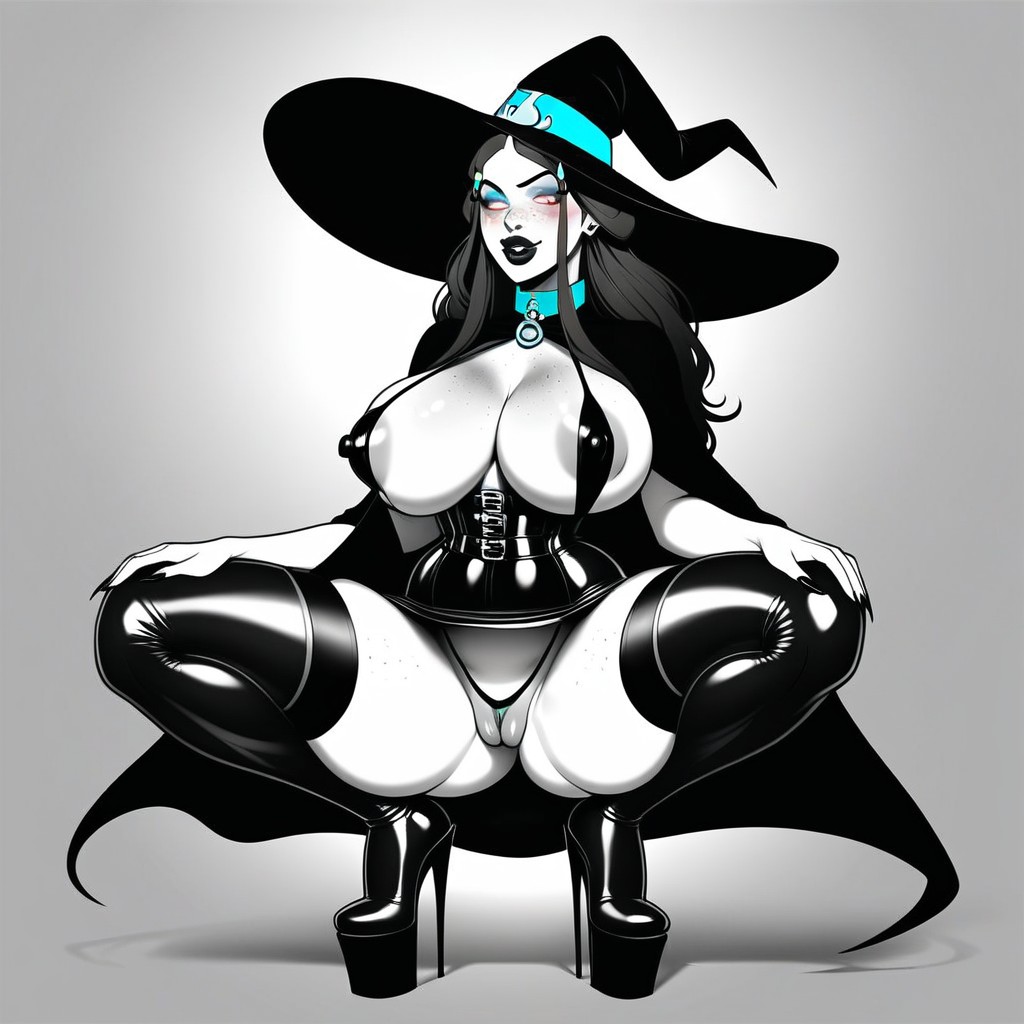 Glowing Eyes, Latex Thong Panties, Latex Thigh High Platform High Heels Boots AI Porn