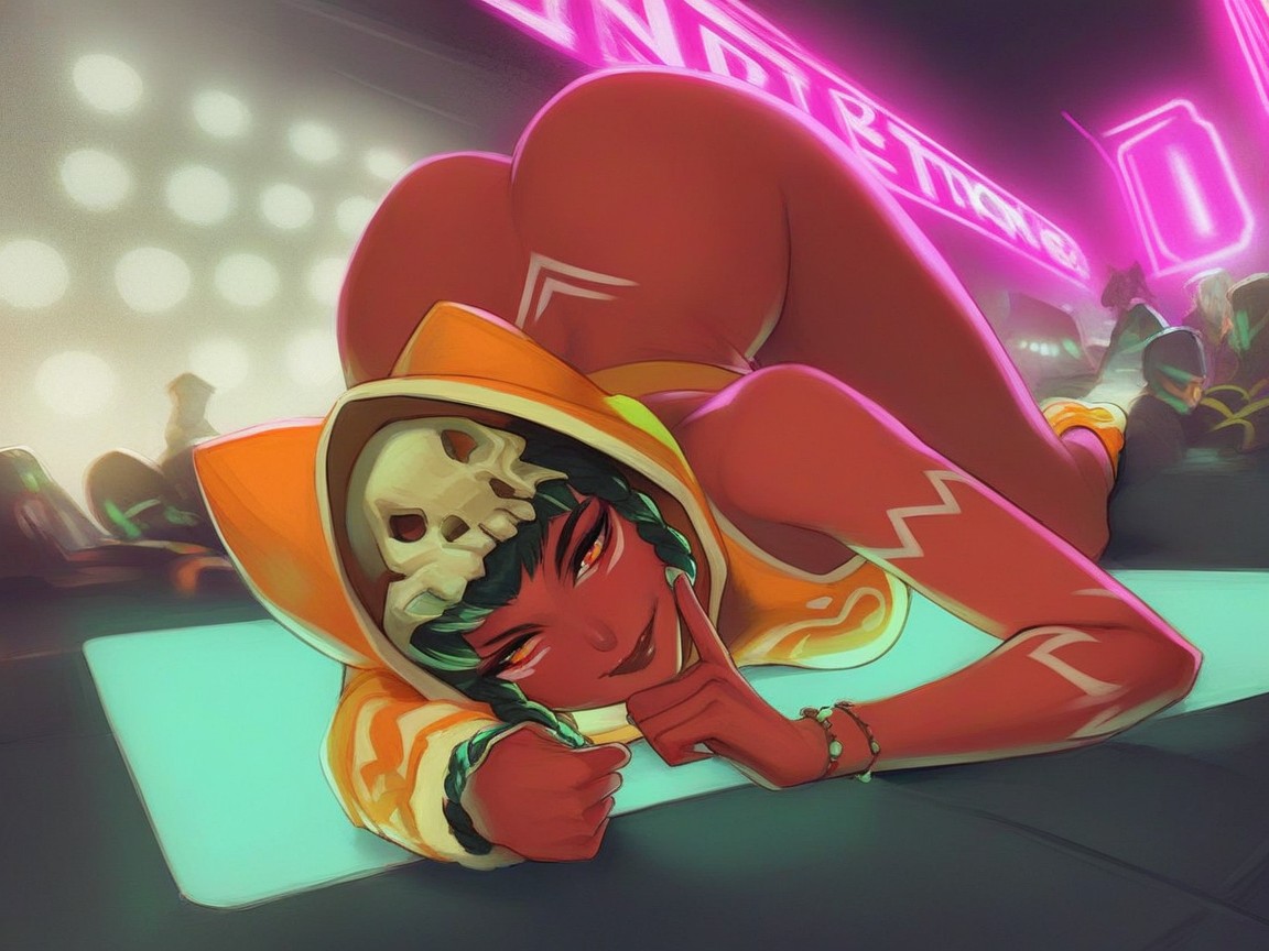 Woman Leaning Against Race Car, Nsfw, Orange Tribal Body Paint Latina AI Porn