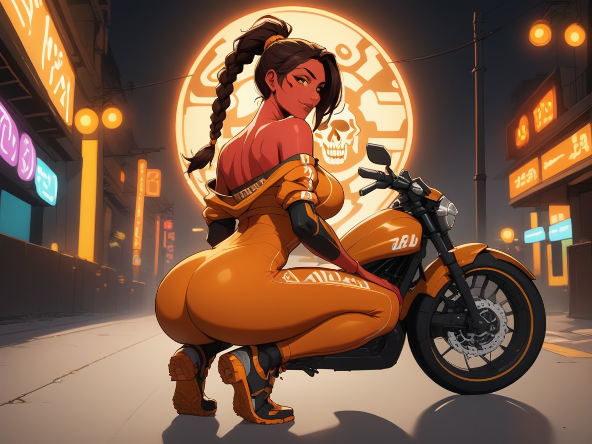 Orange Neon Light Trail, One Woman, Off-shoulder Latina AI Porn