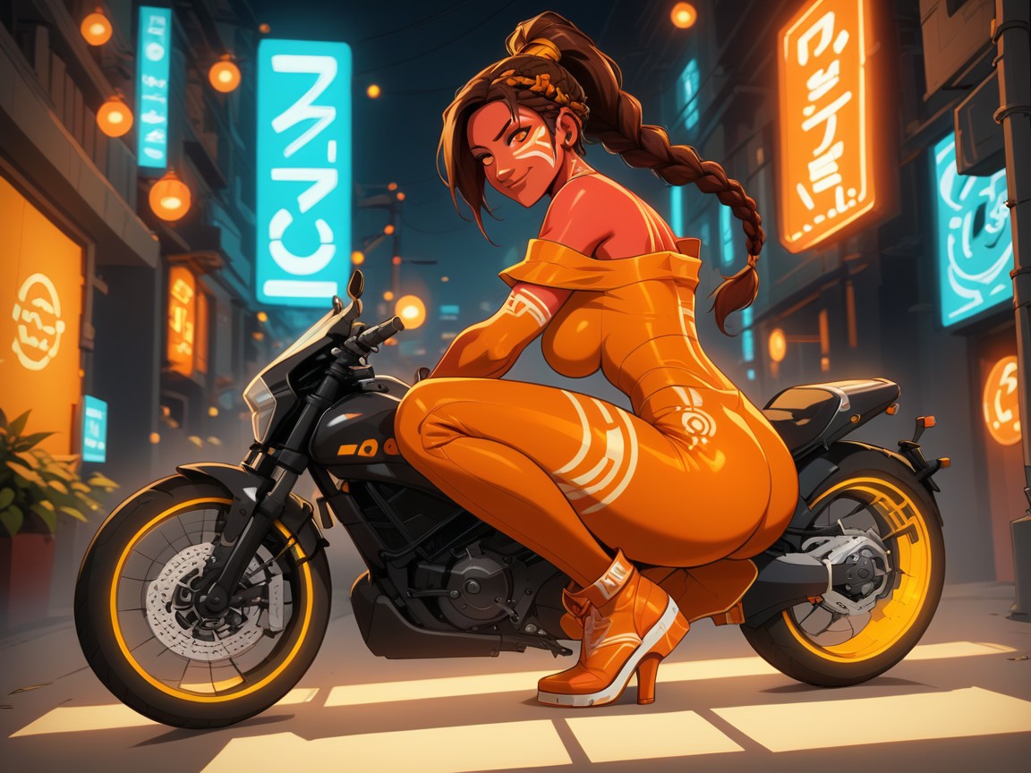Futuristic Effects, Woman Leaning Against Motorcycle, Street Racer 라틴 AI 야짤