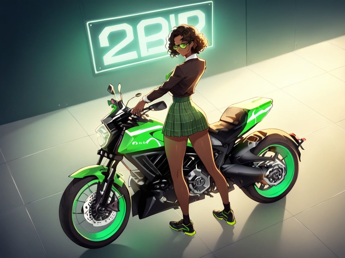 Cinématique, Green Plaid Futuristic Motorcycle In Background, MaigrePorno IA transsexuelle