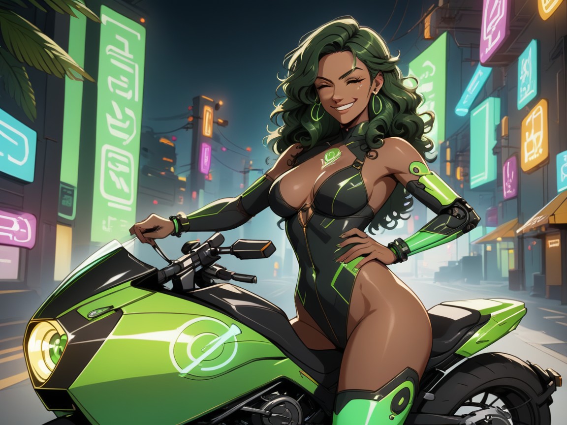 Black Curly Hair, Led Neon Green Lights On Motorcycle, Sleek Angular Panels On Motorcycle Latina AI Porn