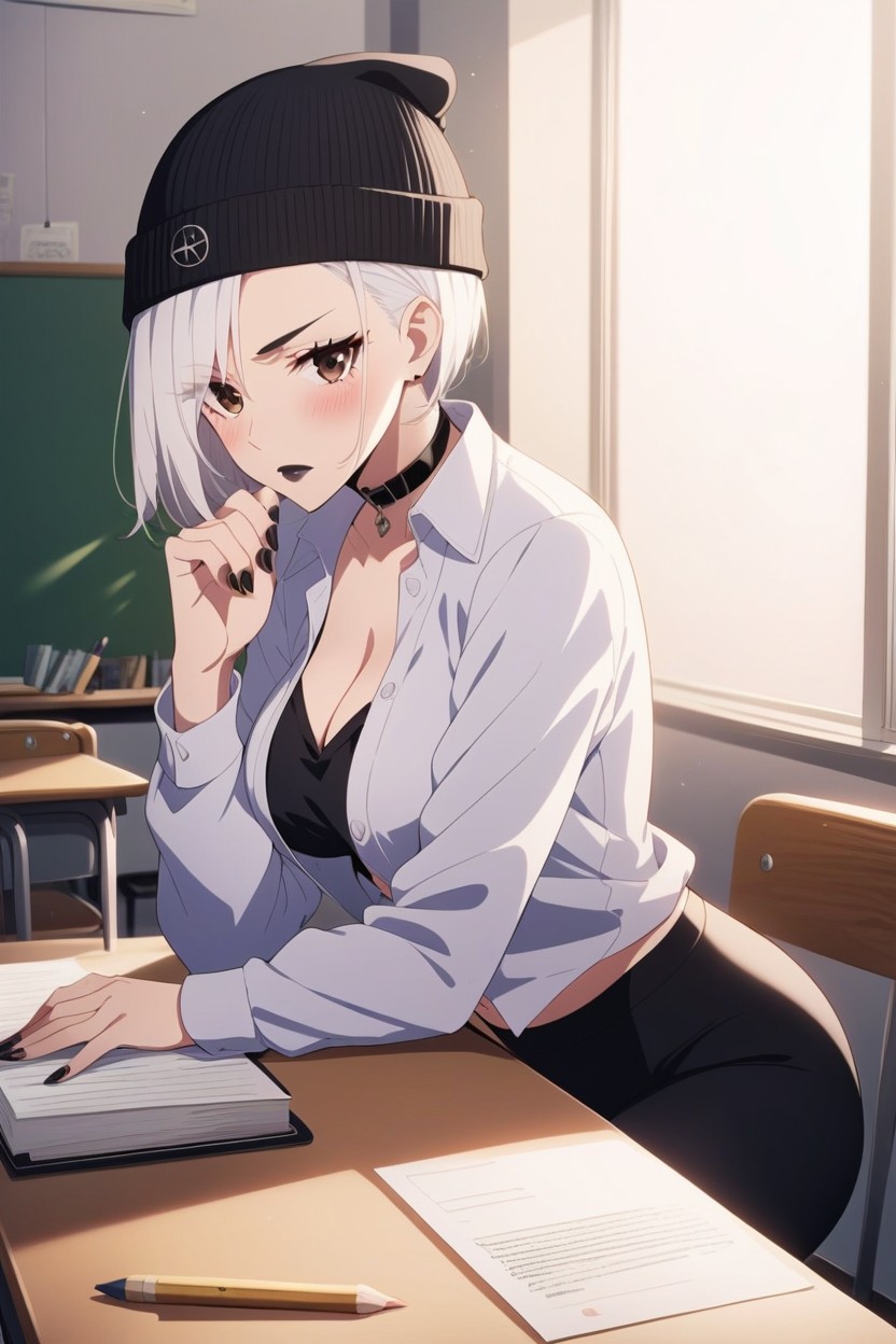 Black Lipstick, Very Short Hair, Wide Shot AI Porn