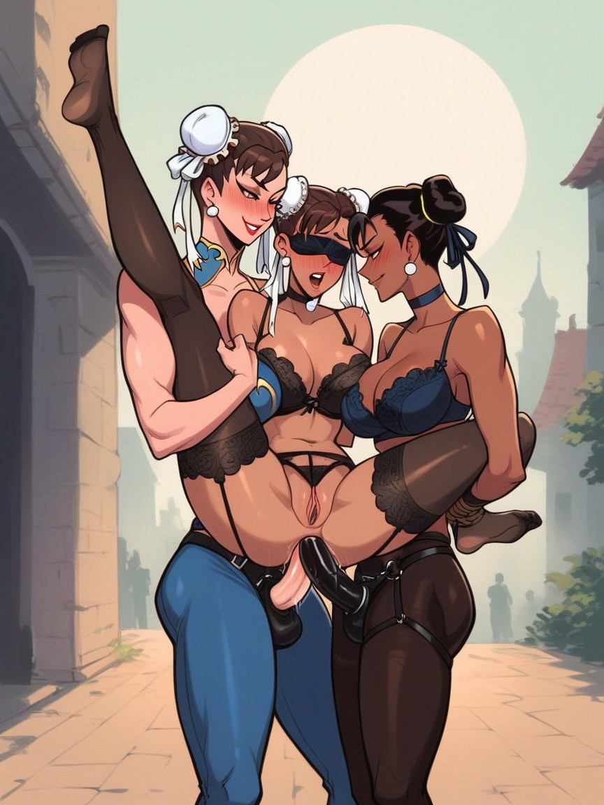 Black Strapon, Lesbian Double Penetration, Lingerie Hentai AI Porn