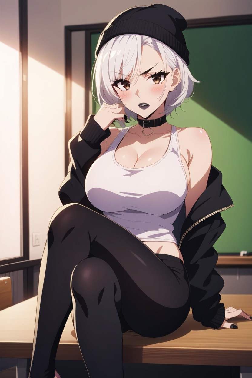 Wide Shot, Black Eyeliner, Crossed Legs AI Porn