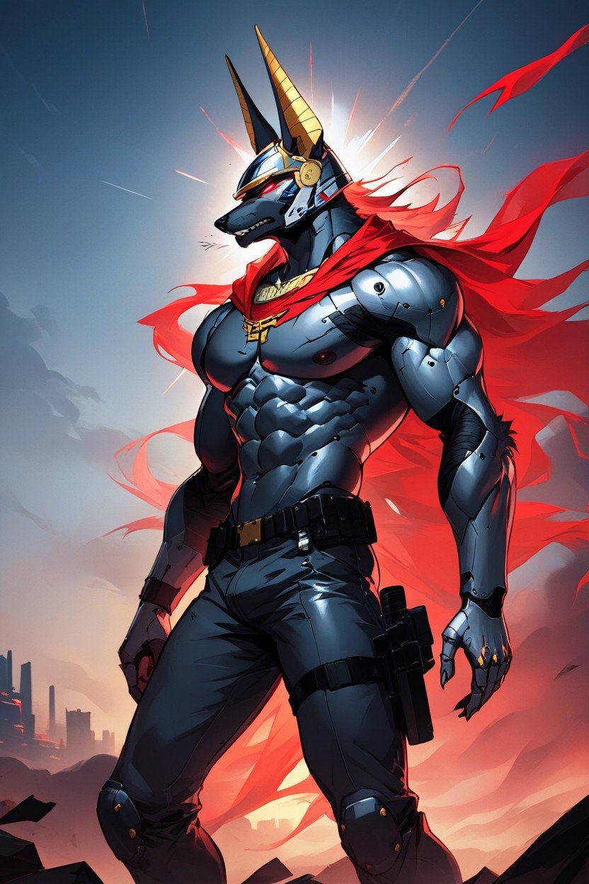 A Futuristic Anubis Inspired Warrior Standing In A Post Apocalyptic Wasteland He Wears A Sleek, Illuminated By A Red Sunset His Stance Is Poised And Regal, Exuding Power And Mystery Gay Furry AI Porn