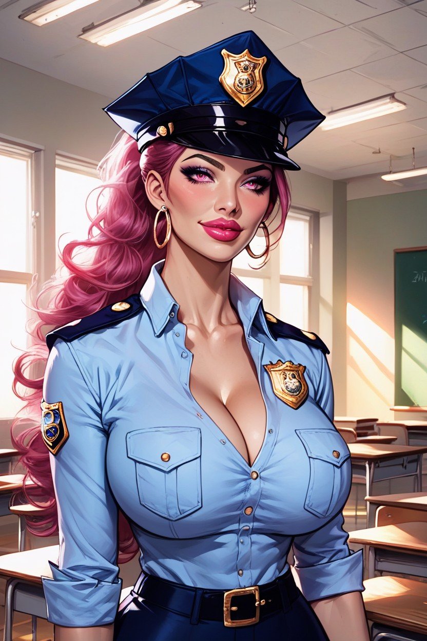 Severe Police Uniform, Detailed Face, Sala De Aula Travesti IA Pornô