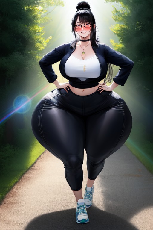 Disproportionately Hyper Wide Hips, Curvaceous, Square Glasses AI Porn