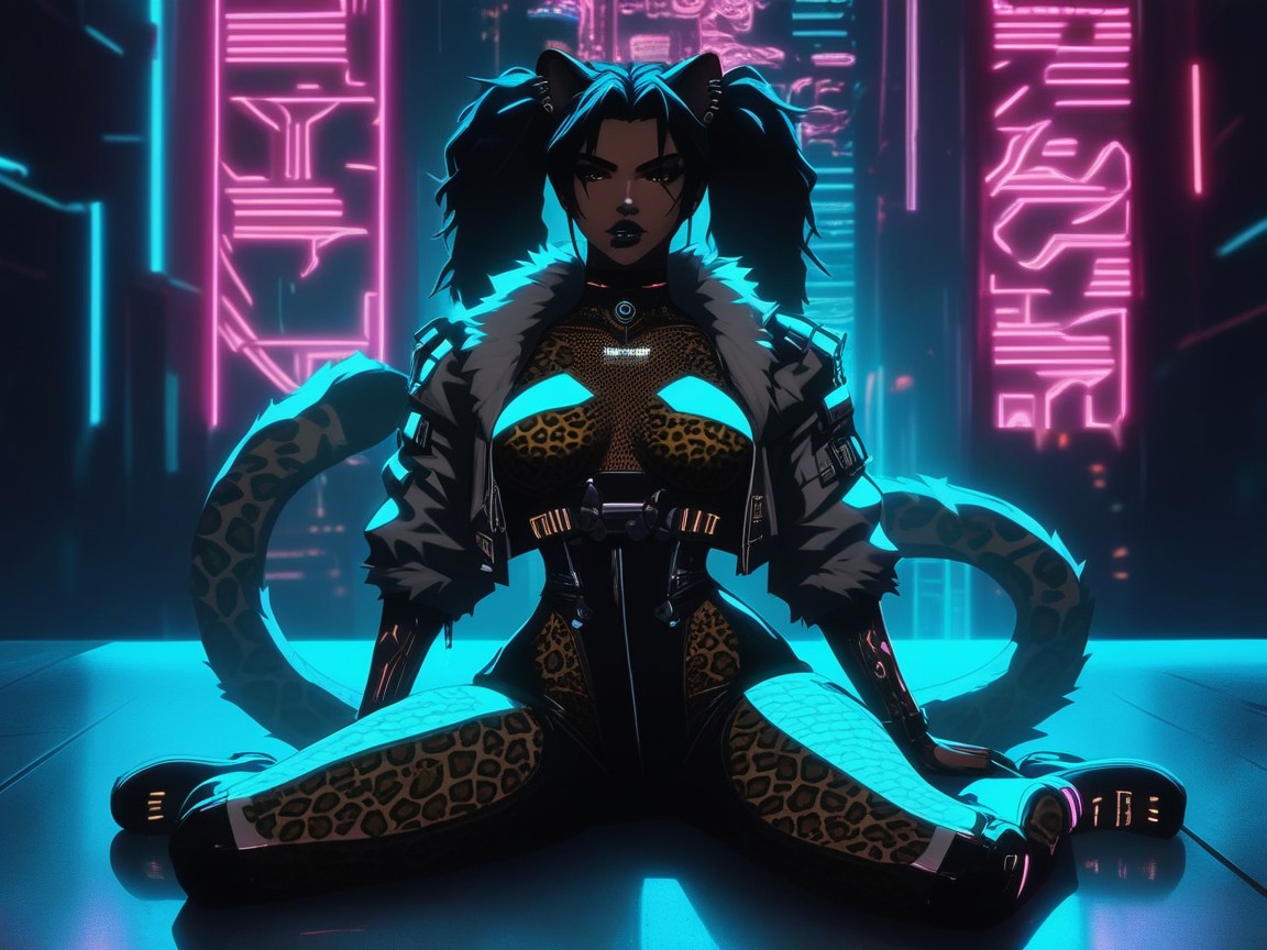 Saturated Colors, Wearing Leopard Print Futuristic Clothes, Black Neon Leopard Body Suit Porno IA Latina