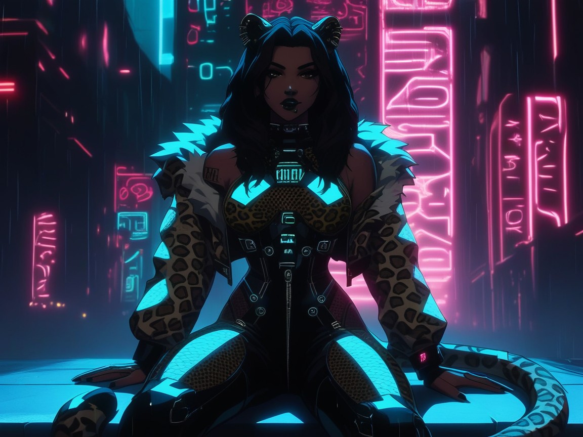Low Torso Height, Assassin, Neon Leopard Tail Latina AI Porn