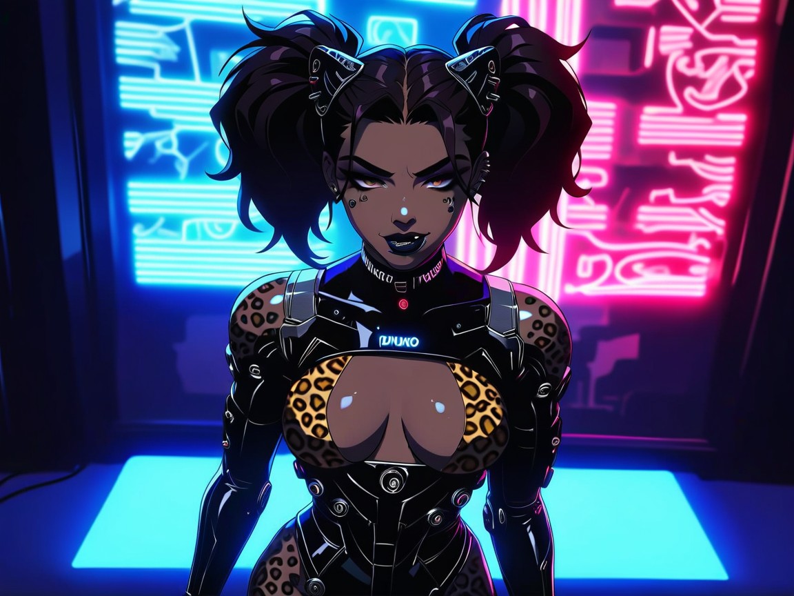 Wearing Leopard Print Futuristic Clothes, Vibrant Colors, Night Latina AI Porn