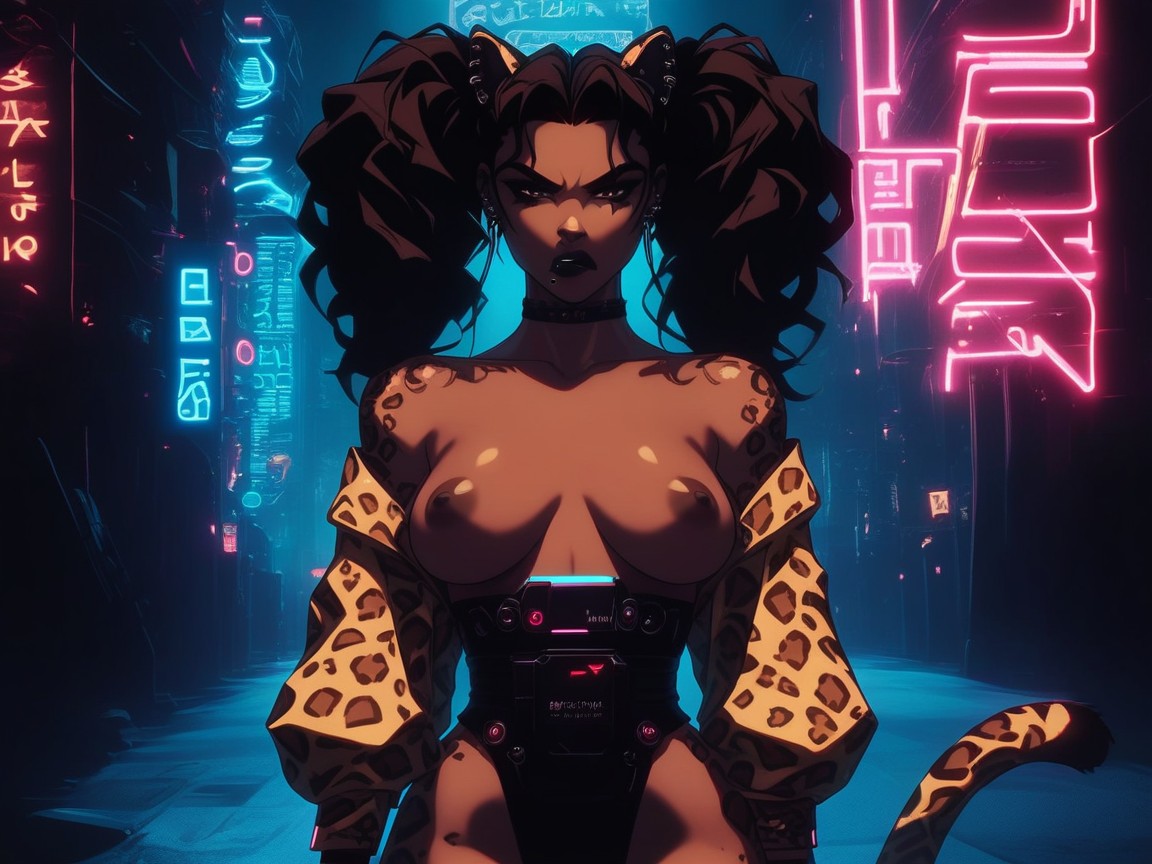 Cybernetic Leopard Spots On Skin, Broken Machinery On Floor, Saturated Colors Porno IA Latina