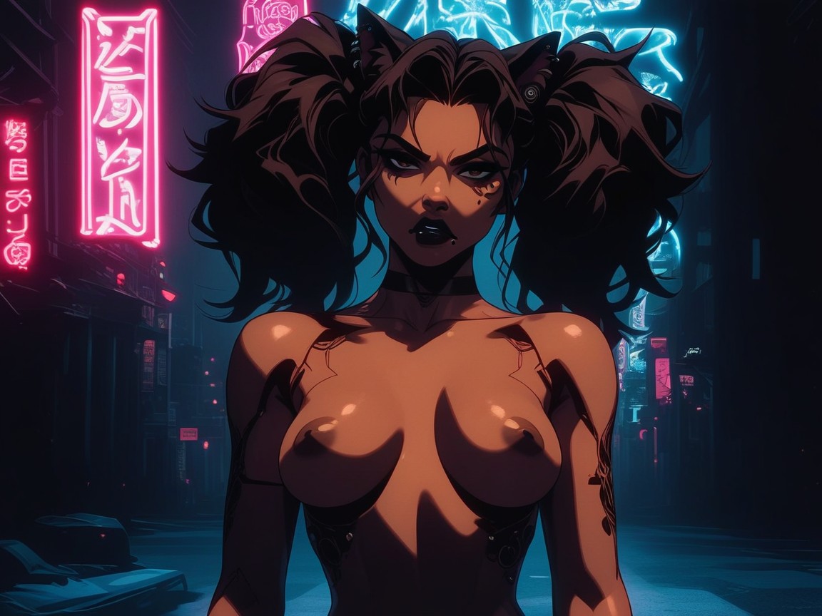 Cybernetic Leopard Spots On Skin, Wide Round Hips, Dimly Lit Neon Lights Porno IA Latina