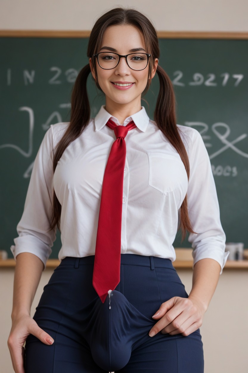 辫子, Thick Black Rim Glasses, Erect Cock Bulge人妖AI色情