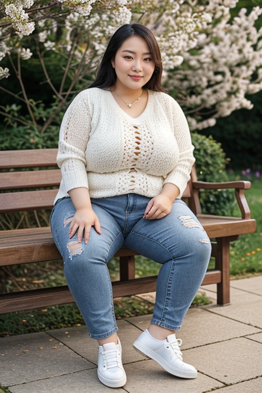 Masturbating In Blooming Garden Wrinkled Face And Skin Full Body View, Wearing Pullover And High Waist Blue Jeans And White Keds Sneakers, 18+ Hentai IA pornografia