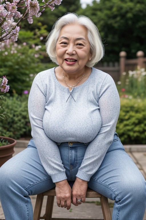 Sentada Com Pernas Abertas, Asian Woman, Wearing Pullover And High Waist Blue Jeans And White Keds Sneakers Pornografia peluda com IA