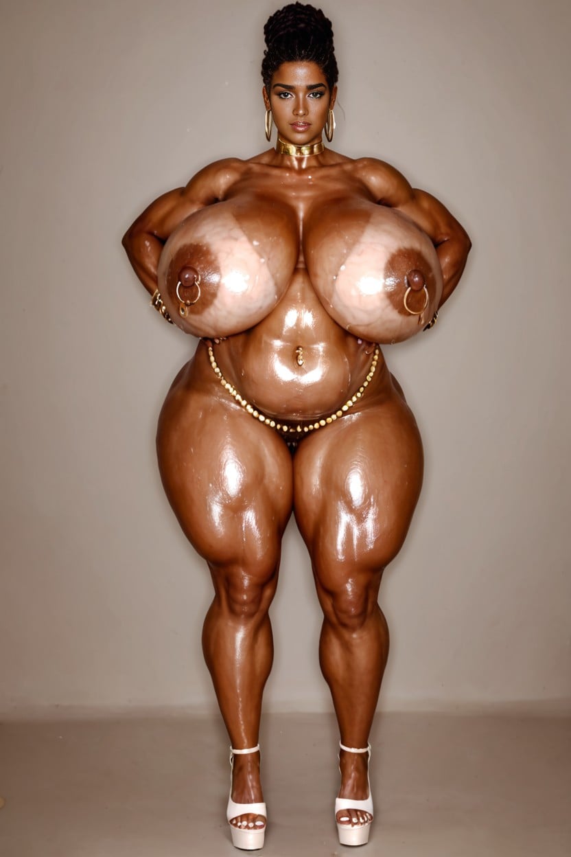 Brunette, Front View, Huge Nipple Rings AI Porn