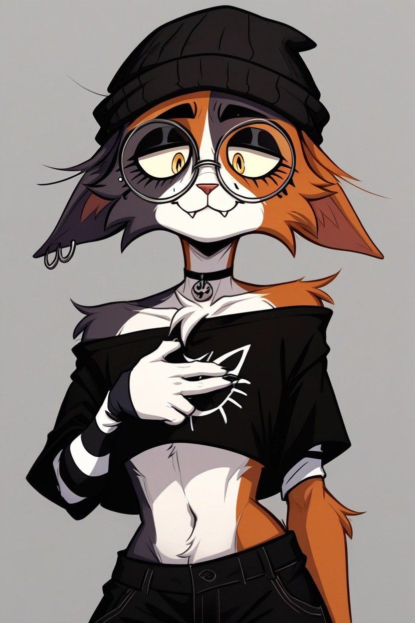 Round Glasses, Beanie, Calico CatFurry IA