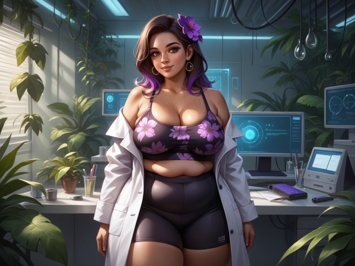 Soft Shadow, Jungle Laboratory Background, Wearing Purple Floral Print Clothes Hentai AI Porn