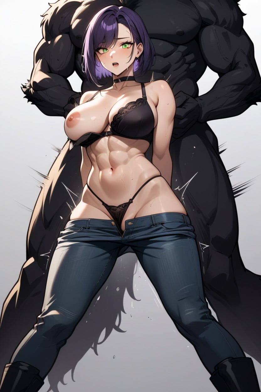 Open Black Denim Jacket, Night, Black Choker AI Porn