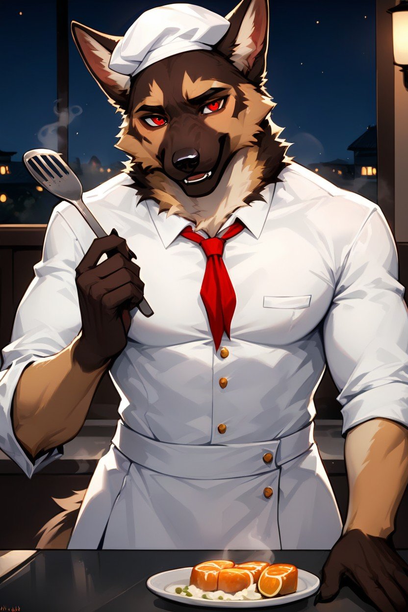 Holding A Spatula In One Hand And A Sizzling Pan In The Other, Gay, And Fresh Ingredients Ready For Cooking The German Shepherd Has A Confident And Focused ExpressionFurry IA